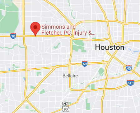 A map showing the Simmons and Fletcher office and its location relative to downtown Houston, Texas.